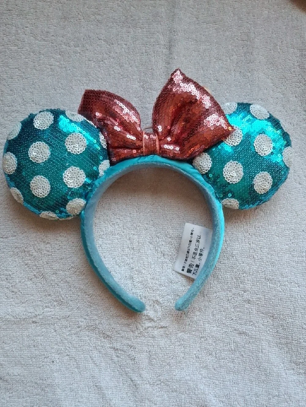 Disneyland Teal & White Polka Dot Minnie Mouse Ears Headband Pink Bow Flower